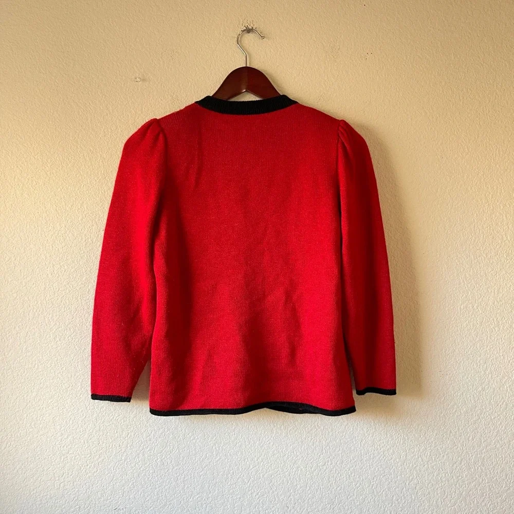Vintage womens Red Black Colorblock Button Up Cardigan Puff Sleeve Sweater small